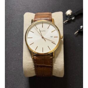 Bulova Dress Watch Mens OS Brown Gold Two-Tone Leather Strap Classic 98H51